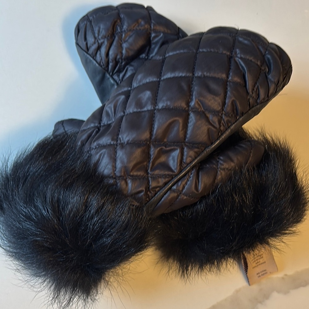 UGG Leather Quilted Black Mittens with Fur Trim